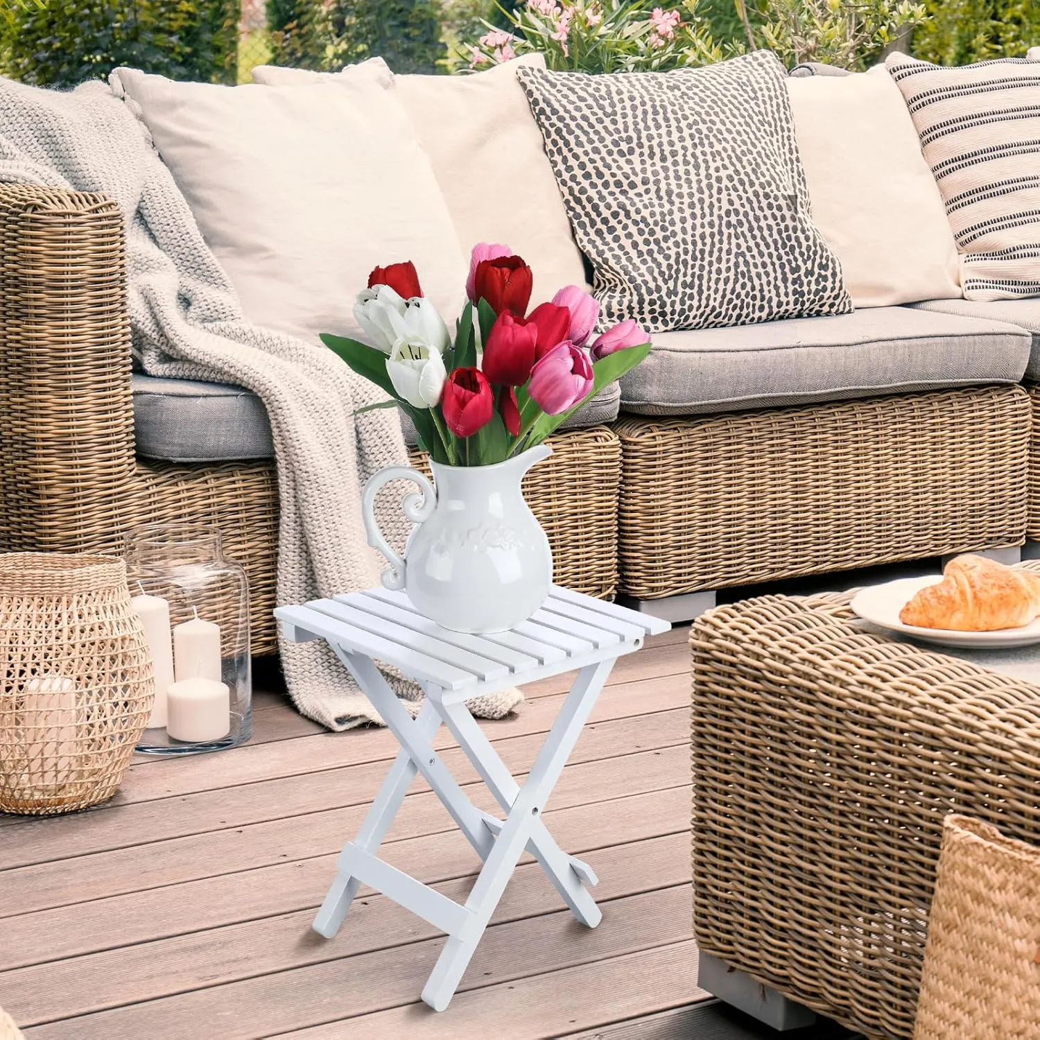 1 Pcs Small Folding Patio Side Table Outdoor Wood Wooden Small End Portable Plant Little Table for Garden Yard Porch Living Room Space Pool 11.4x11x14 inch (White)