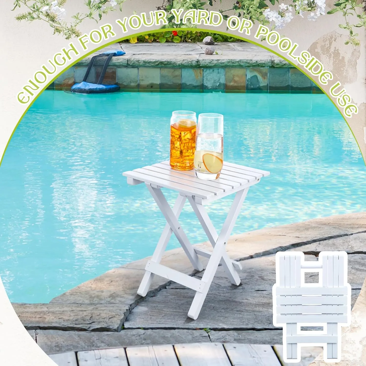 1 Pcs Small Folding Patio Side Table Outdoor Wood Wooden Small End Portable Plant Little Table for Garden Yard Porch Living Room Space Pool 11.4x11x14 inch (White)