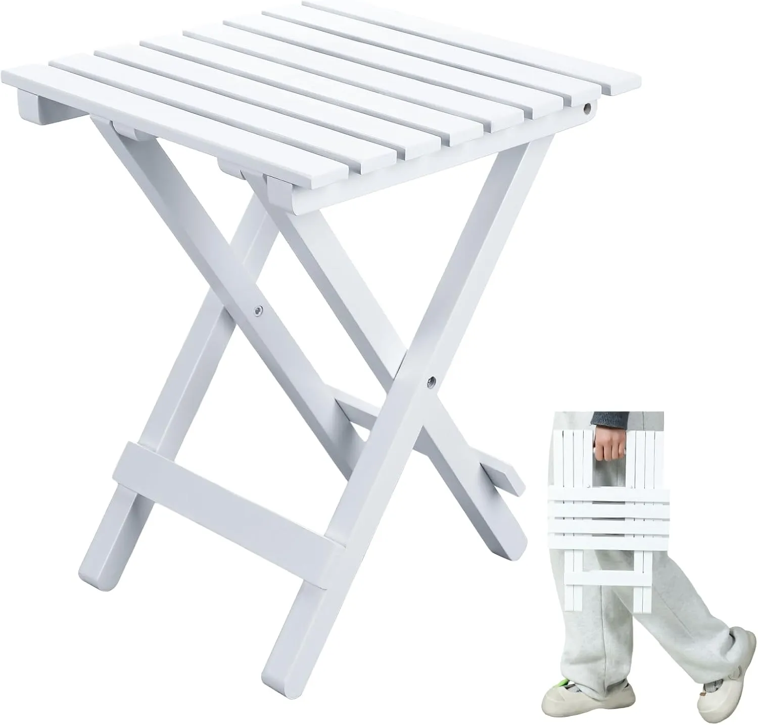 1 Pcs Small Folding Patio Side Table Outdoor Wood Wooden Small End Portable Plant Little Table for Garden Yard Porch Living Room Space Pool 11.4x11x14 inch (White)