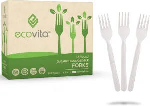 100% Compostable Forks - 140 Large Disposable Utensils (7 in.) Eco Friendly Durable and Heat Resistant Alternative to Plastic Forks with Convenient Tray by Ecovita