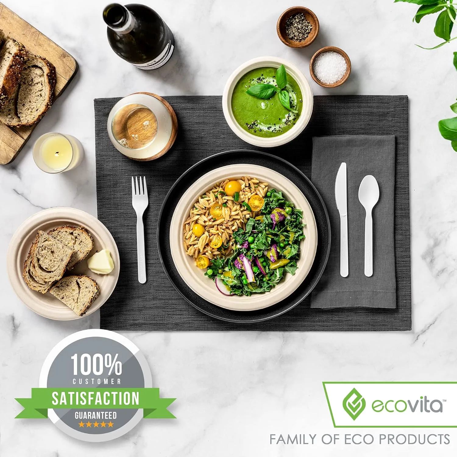 100% Compostable Knives - 140 Large Disposable Utensils (7 in.) Eco Friendly Durable and Heat Resistant Alternative to Plastic Knives with Convenient Tray
