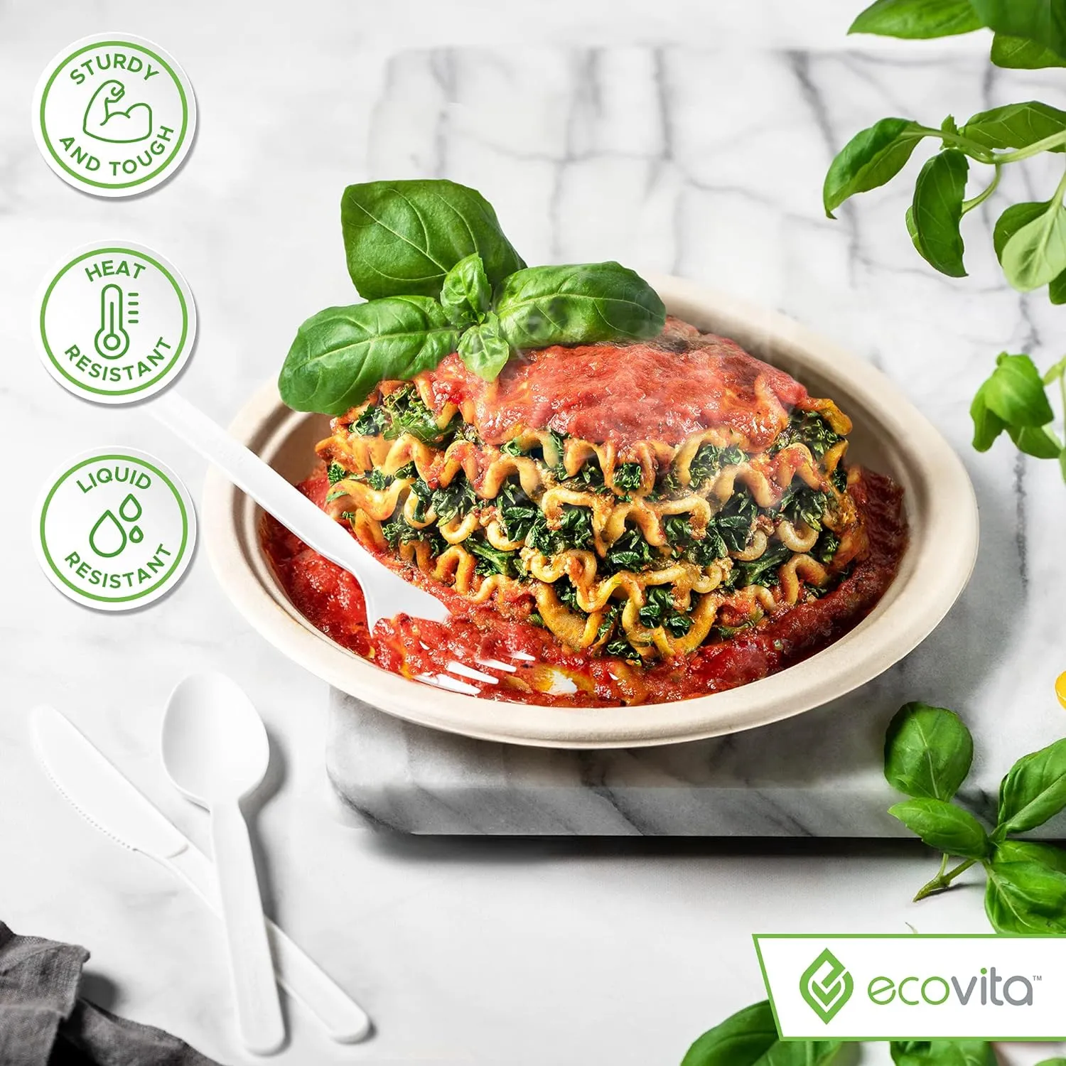100% Compostable Knives - 140 Large Disposable Utensils (7 in.) Eco Friendly Durable and Heat Resistant Alternative to Plastic Knives with Convenient Tray
