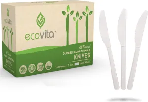 100% Compostable Knives - 140 Large Disposable Utensils (7 in.) Eco Friendly Durable and Heat Resistant Alternative to Plastic Knives with Convenient Tray