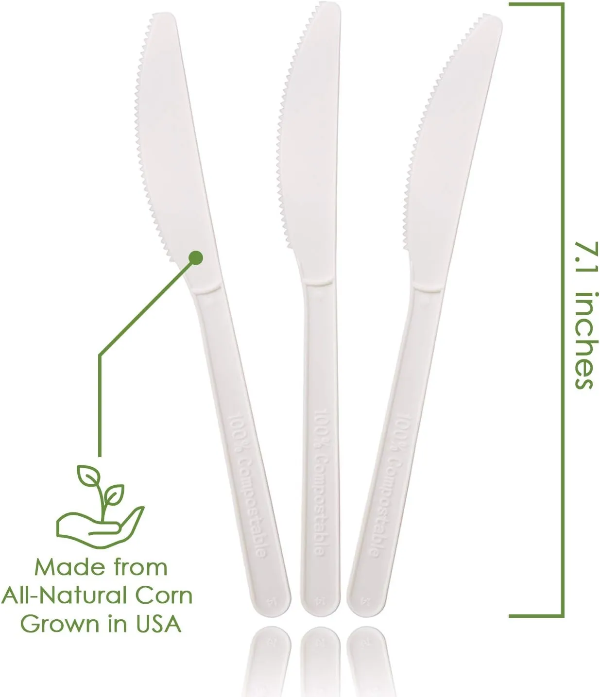 100% Compostable Knives - 140 Large Disposable Utensils (7 in.) Eco Friendly Durable and Heat Resistant Alternative to Plastic Knives with Convenient Tray