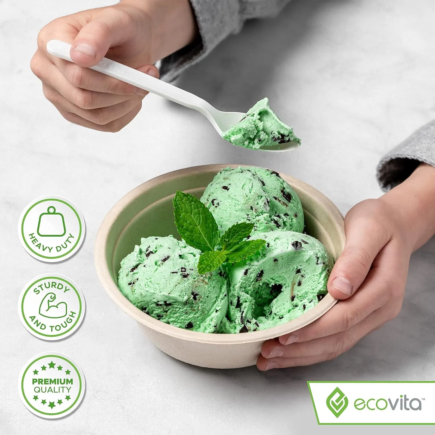 100% Compostable Spoons - 140 Large Disposable Utensils (6.3 in.) Eco Friendly Durable and Heat Resistant Alternative to Plastic Spoons with Convenient Tray