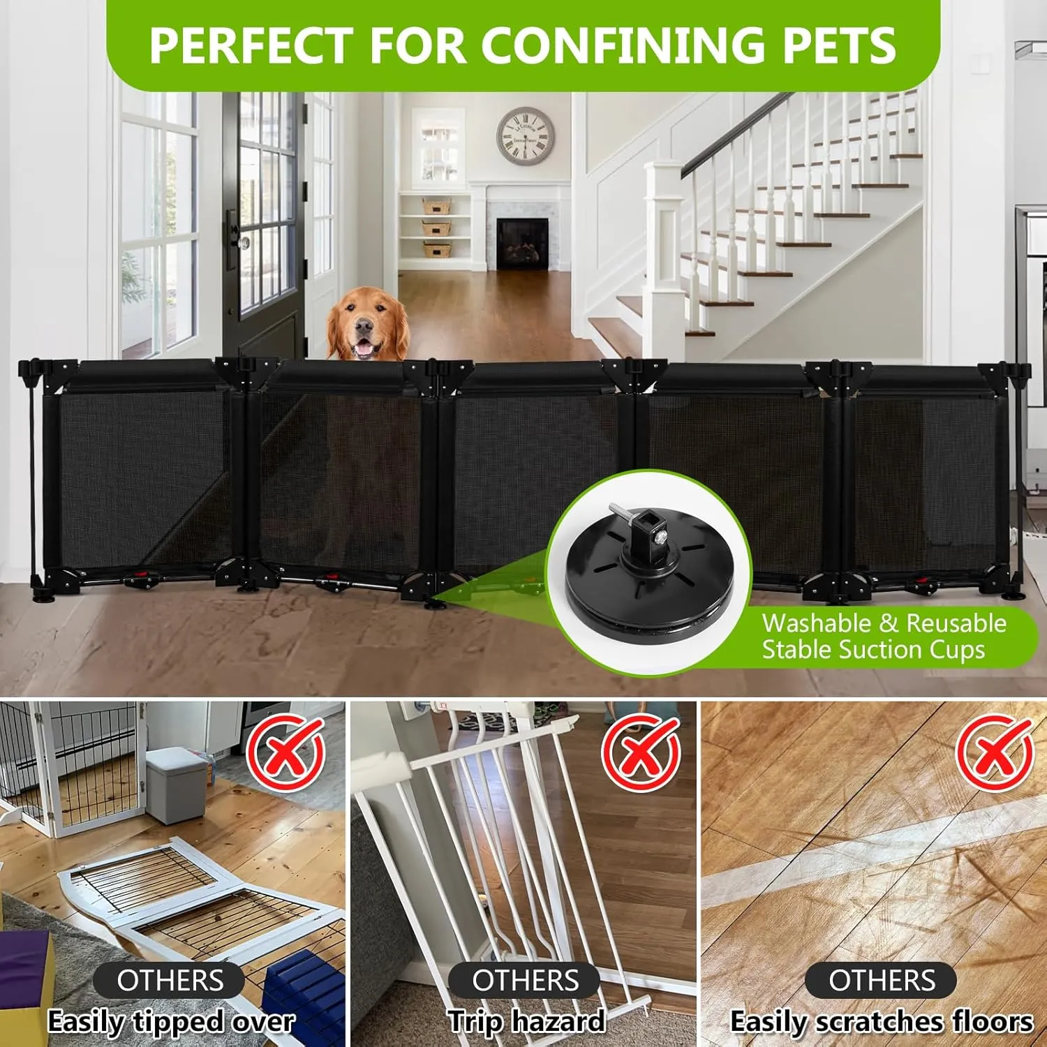 100" Wide Freestanding Dog Gates 24" Tall Foldable Pet Gate - Easy Step Over, 5 Panel Indoor Gates for Dogs Puppy Gates for The House, No Drill Mesh Gate Extra Long Dog Gate Small Gates for Pets/Black