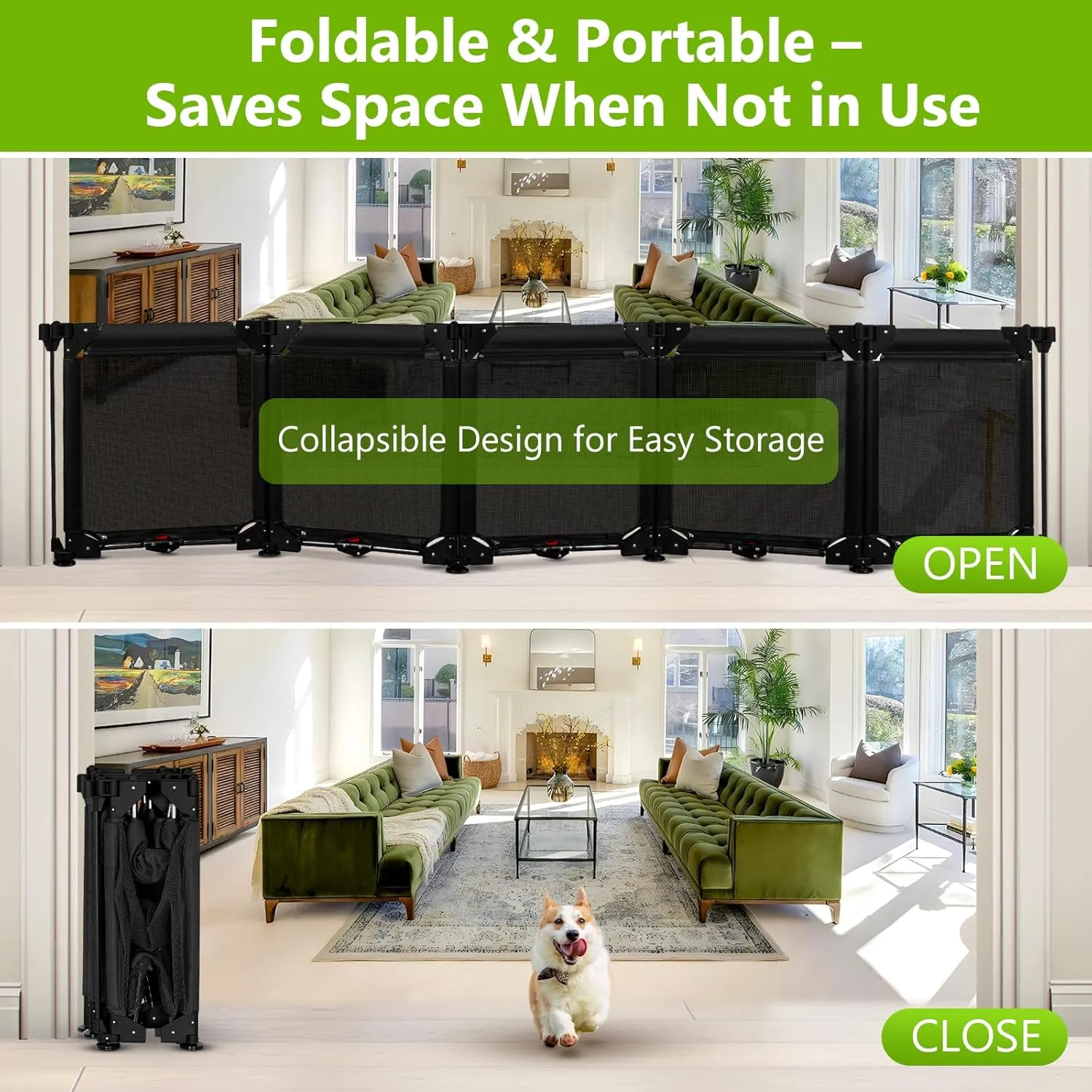 100" Wide Freestanding Dog Gates 24" Tall Foldable Pet Gate - Easy Step Over, 5 Panel Indoor Gates for Dogs Puppy Gates for The House, No Drill Mesh Gate Extra Long Dog Gate Small Gates for Pets/Black