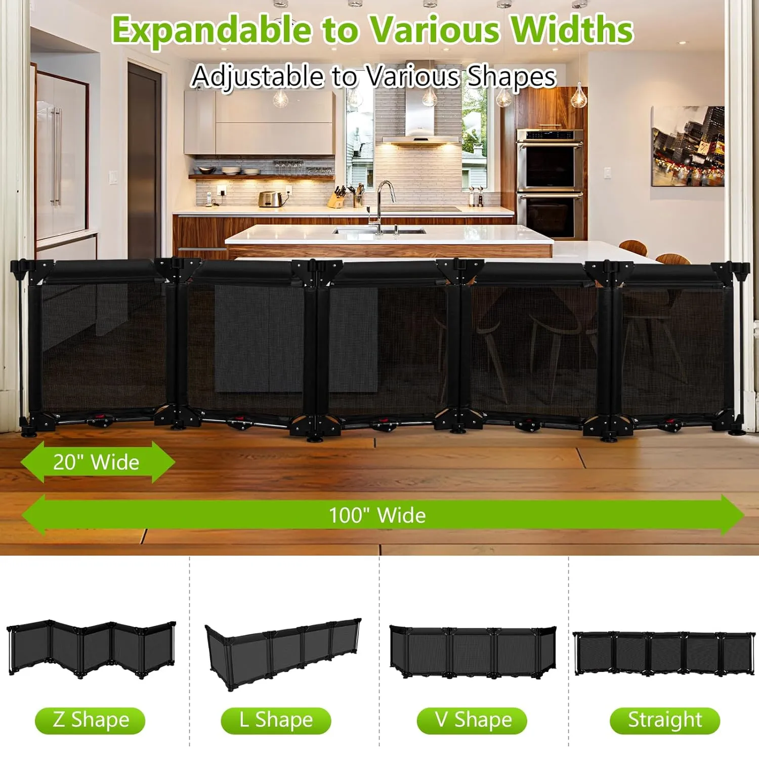 100" Wide Freestanding Dog Gates 24" Tall Foldable Pet Gate - Easy Step Over, 5 Panel Indoor Gates for Dogs Puppy Gates for The House, No Drill Mesh Gate Extra Long Dog Gate Small Gates for Pets/Black