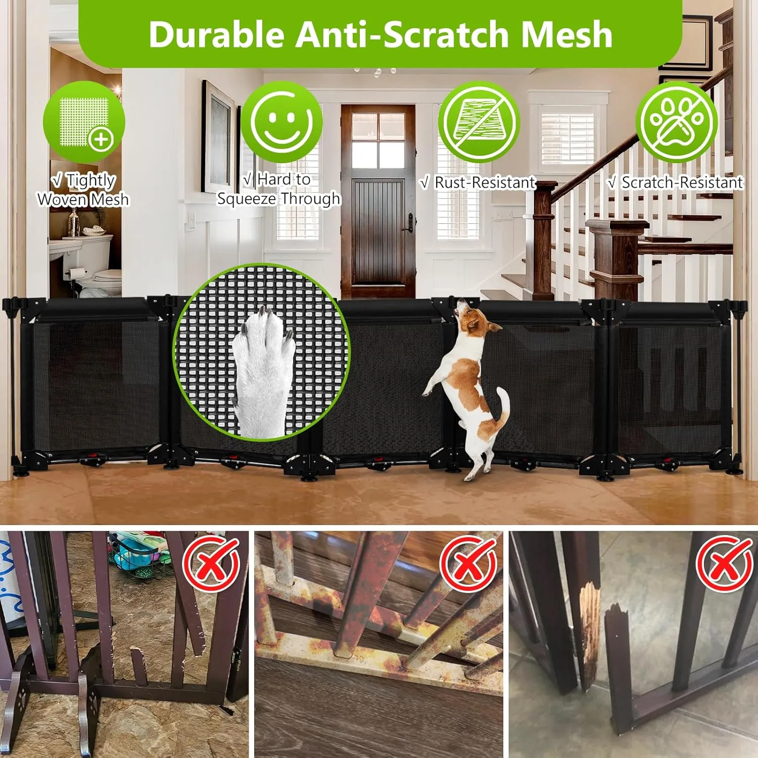 100" Wide Freestanding Dog Gates 24" Tall Foldable Pet Gate - Easy Step Over, 5 Panel Indoor Gates for Dogs Puppy Gates for The House, No Drill Mesh Gate Extra Long Dog Gate Small Gates for Pets/Black