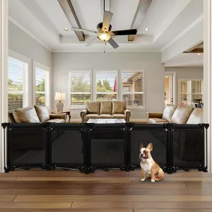 100" Wide Freestanding Dog Gates 24" Tall Foldable Pet Gate - Easy Step Over, 5 Panel Indoor Gates for Dogs Puppy Gates for The House, No Drill Mesh Gate Extra Long Dog Gate Small Gates for Pets/Black