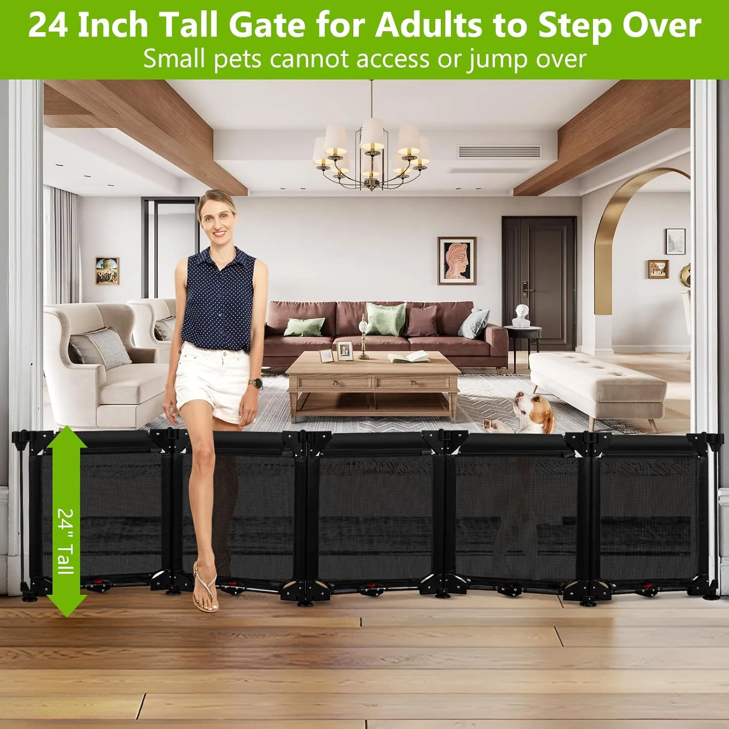 100" Wide Freestanding Dog Gates 24" Tall Foldable Pet Gate - Easy Step Over, 5 Panel Indoor Gates for Dogs Puppy Gates for The House, No Drill Mesh Gate Extra Long Dog Gate Small Gates for Pets/Black