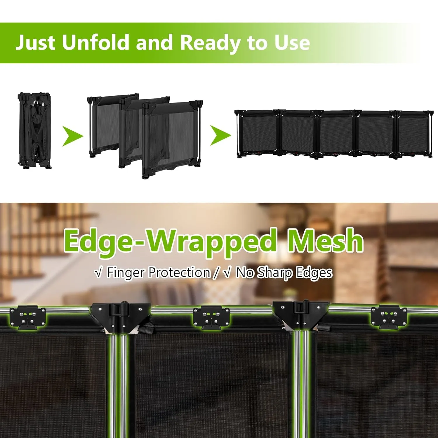100" Wide Freestanding Dog Gates 24" Tall Foldable Pet Gate - Easy Step Over, 5 Panel Indoor Gates for Dogs Puppy Gates for The House, No Drill Mesh Gate Extra Long Dog Gate Small Gates for Pets/Black