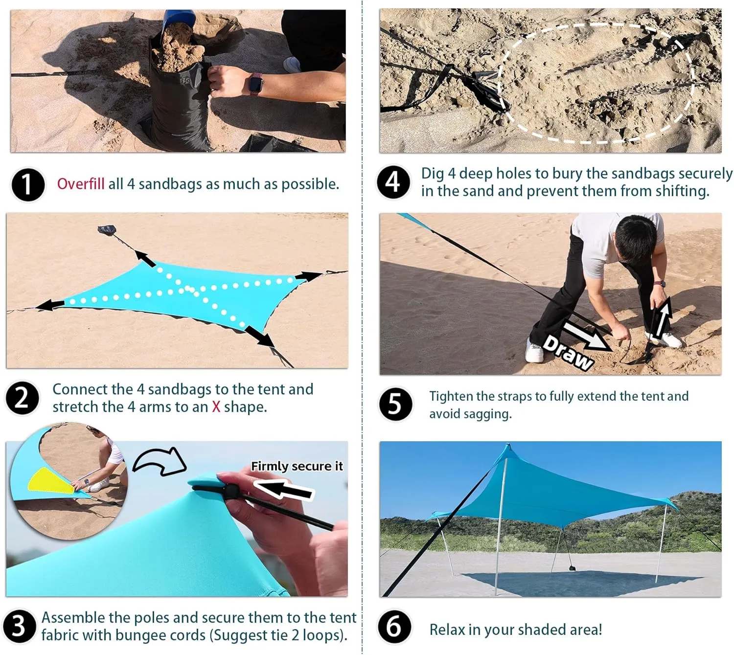 10×10ft UPF50  Beach Tent Sun Shelter, Windproof Stable Outdoor Pop Up Beach Shade Canopy for Camping, Fishing, Backyard Fun or Picnics, 4 Poles