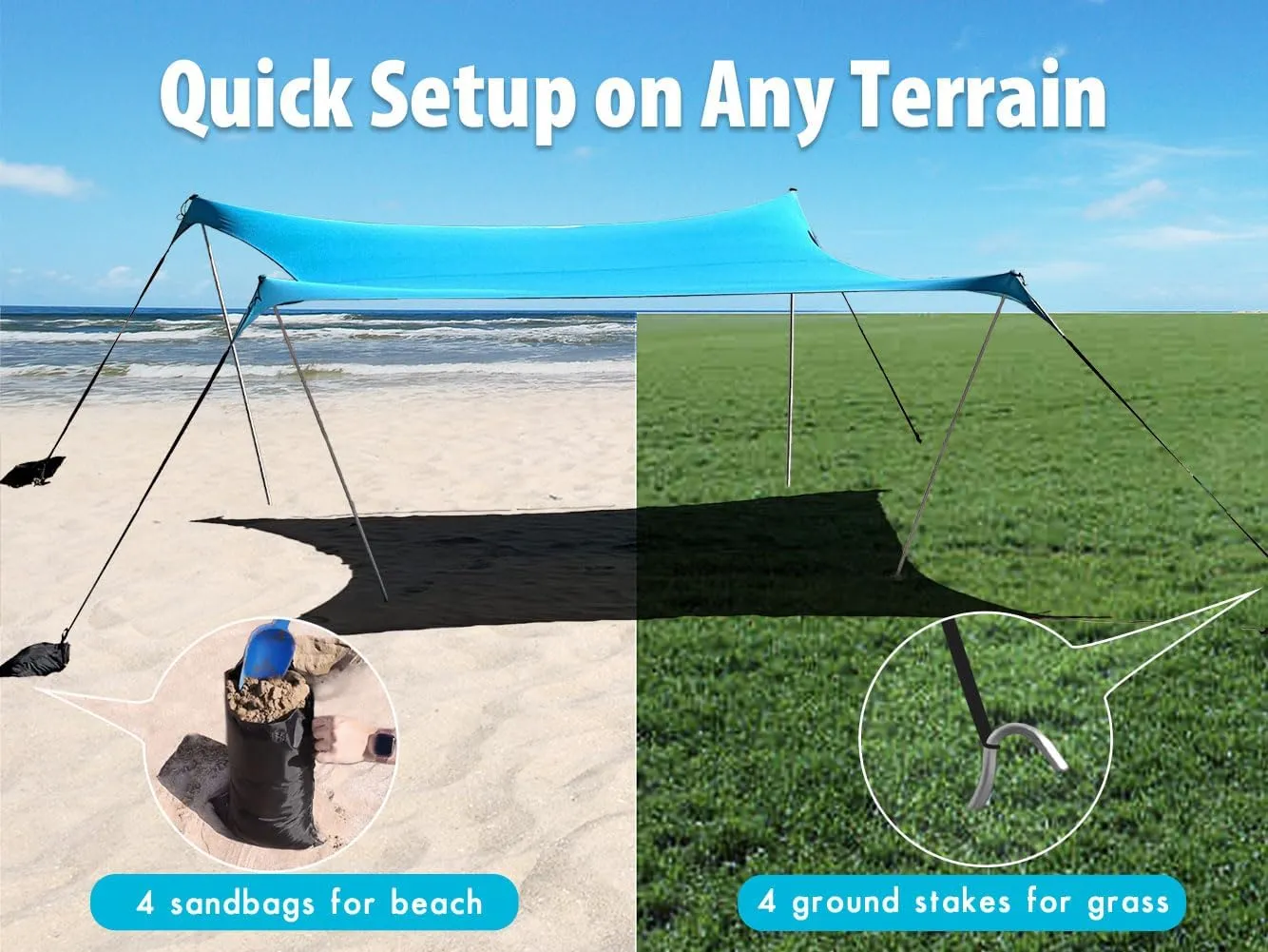 10×10ft UPF50  Beach Tent Sun Shelter, Windproof Stable Outdoor Pop Up Beach Shade Canopy for Camping, Fishing, Backyard Fun or Picnics, 4 Poles