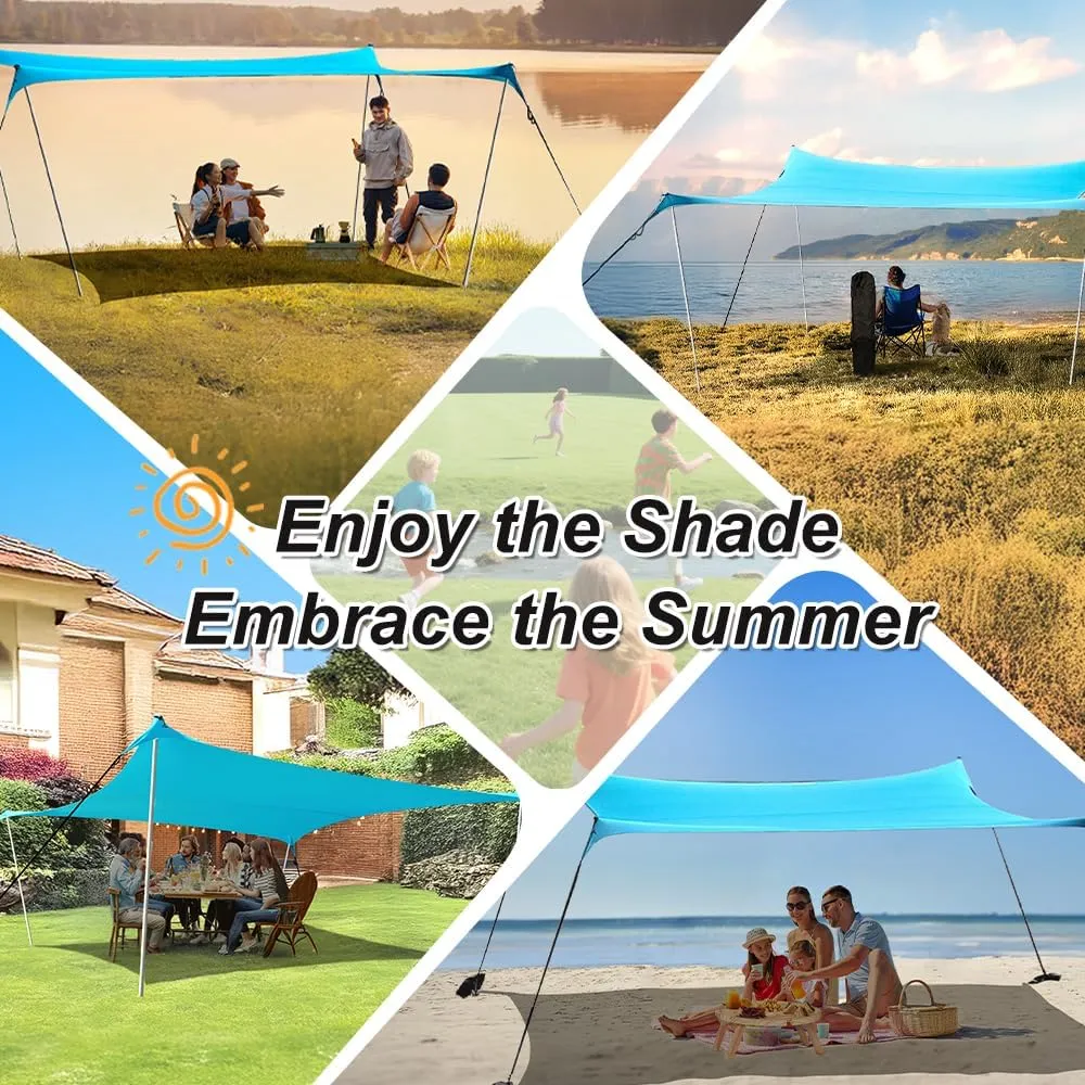 10×10ft UPF50  Beach Tent Sun Shelter, Windproof Stable Outdoor Pop Up Beach Shade Canopy for Camping, Fishing, Backyard Fun or Picnics, 4 Poles