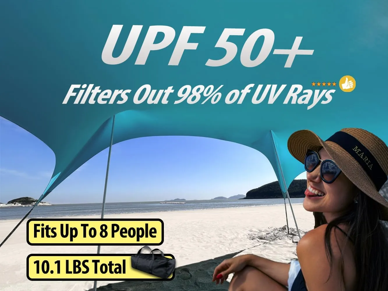 10×10ft UPF50  Beach Tent Sun Shelter, Windproof Stable Outdoor Pop Up Beach Shade Canopy for Camping, Fishing, Backyard Fun or Picnics, 4 Poles