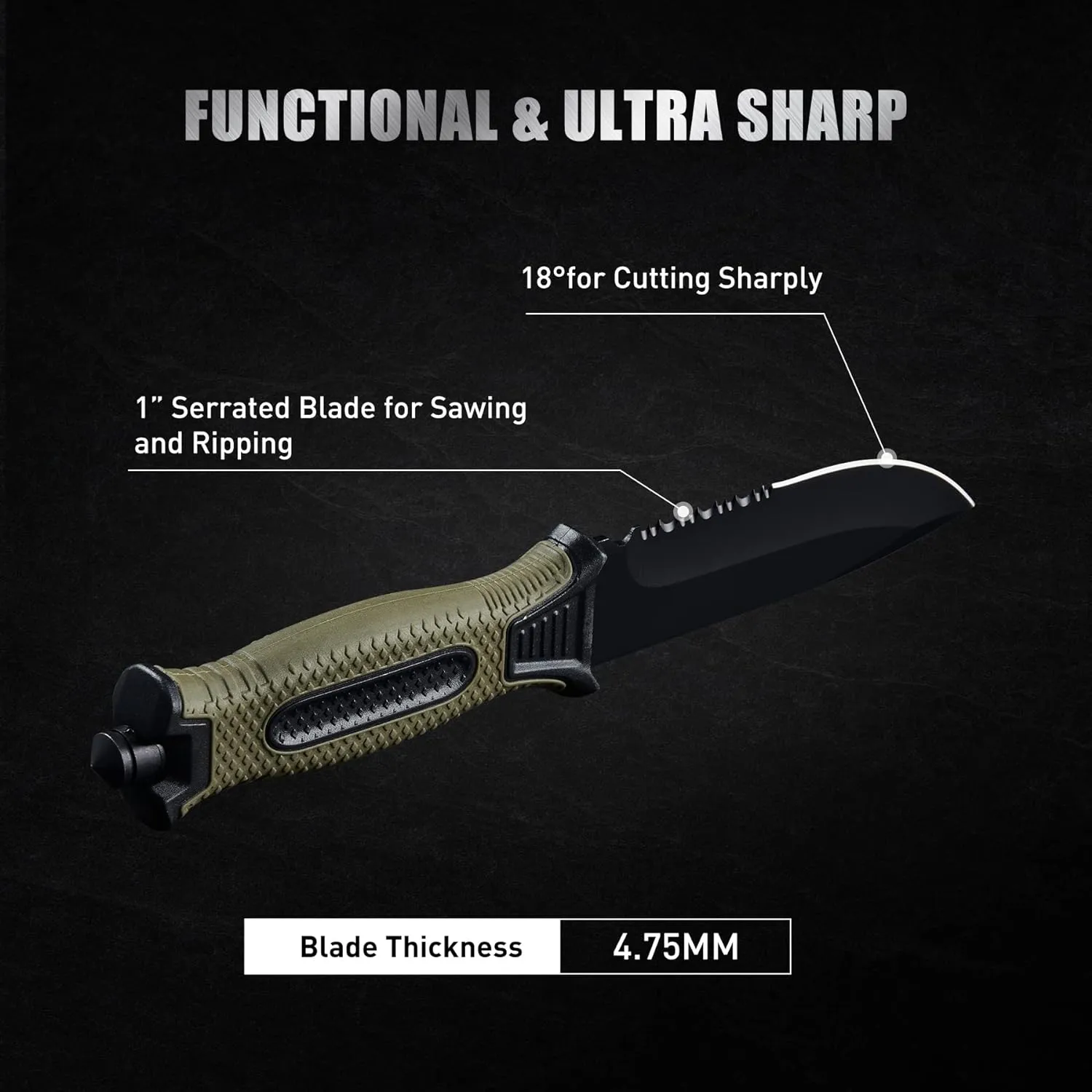 10" Fixed Blade Tactical Knives with Sheath and Clip, Stainless Steel Survival Hunting Bushcraft Full Tang Non-Slip Handle Knife for Camping, Hunting, Adventure, Outdoors, EDC，Military Green