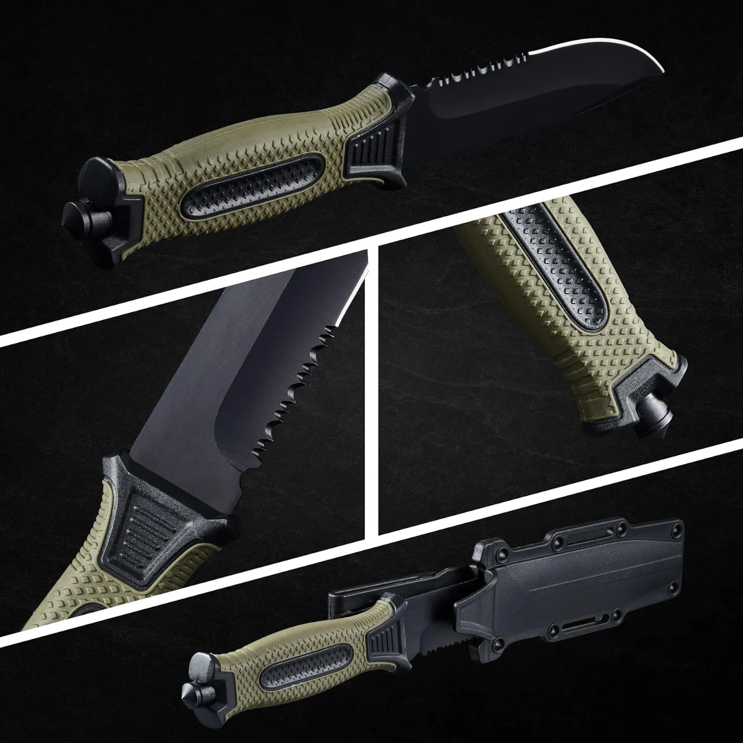 10" Fixed Blade Tactical Knives with Sheath and Clip, Stainless Steel Survival Hunting Bushcraft Full Tang Non-Slip Handle Knife for Camping, Hunting, Adventure, Outdoors, EDC，Military Green