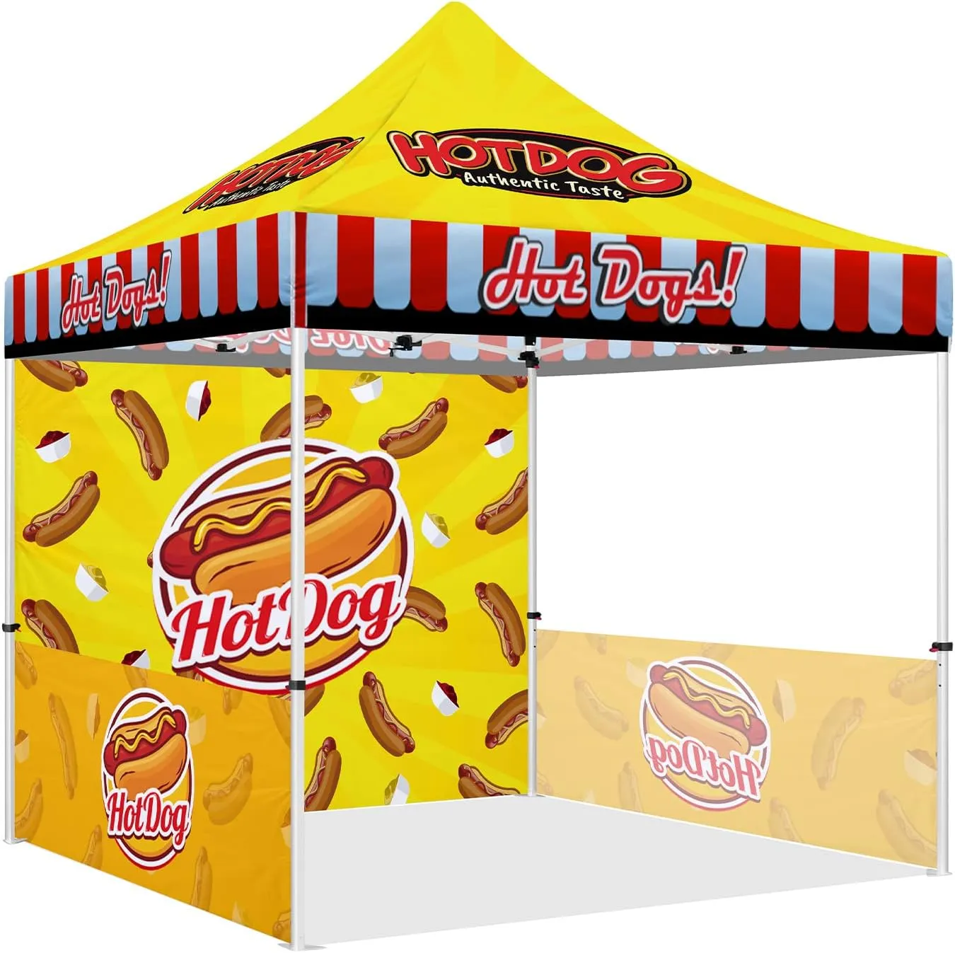 10x10 Themed Pop Up Canopy Tent for Hot Dogs Food Vendors, Heavy Duty Commercial Canopy for Hot Dog Advertising Outdoor Catering, with Roller Bag, Back Wall, Sidewalls and Rails