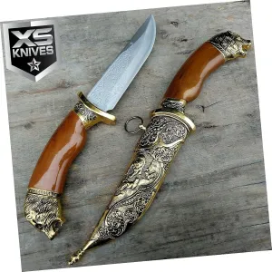 11" Bear Head Golden Fixed Blade Collectors Survival Hunting Knife W/Decorative Sheath