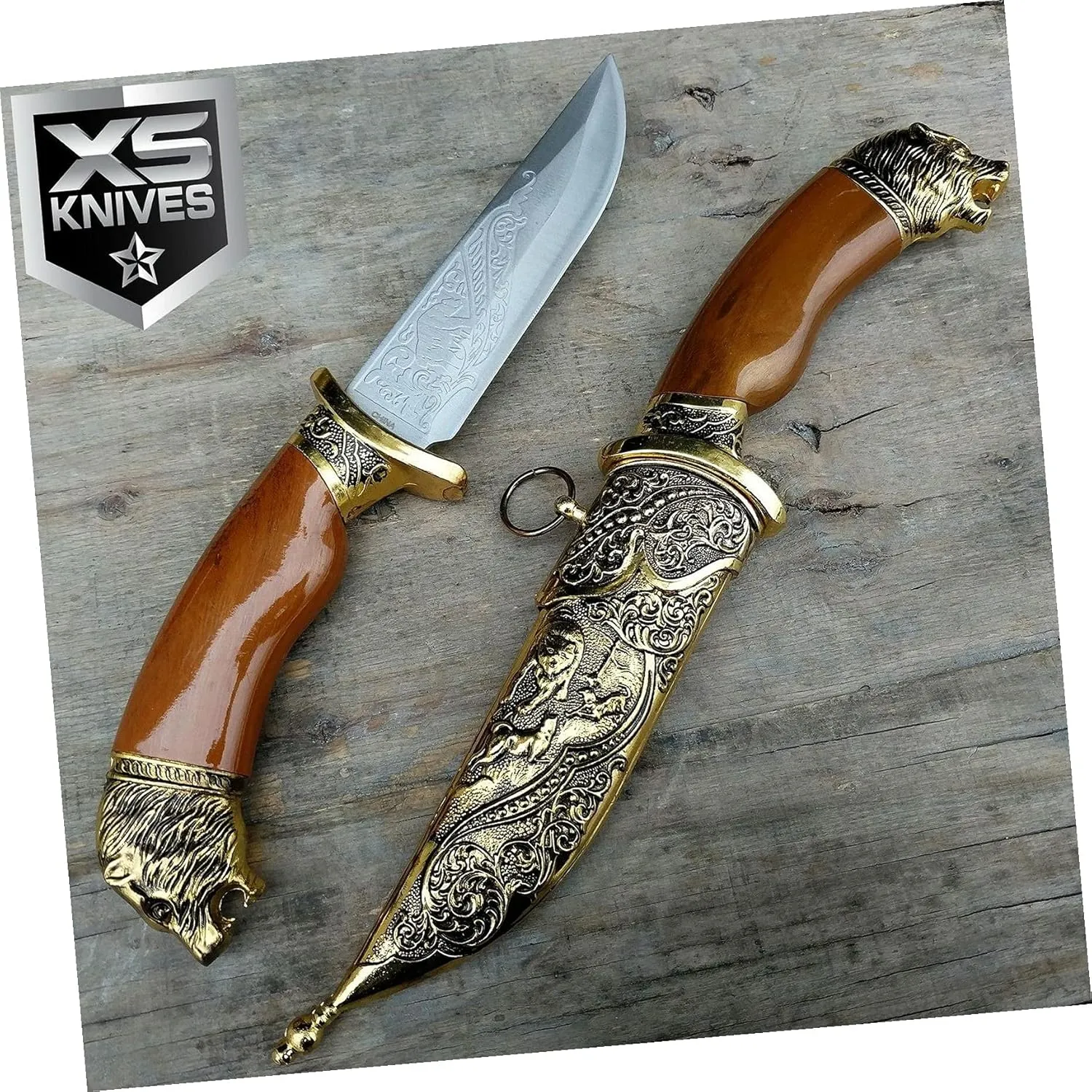 11" Bear Head Golden Fixed Blade Collectors Survival Hunting Knife W/Decorative Sheath