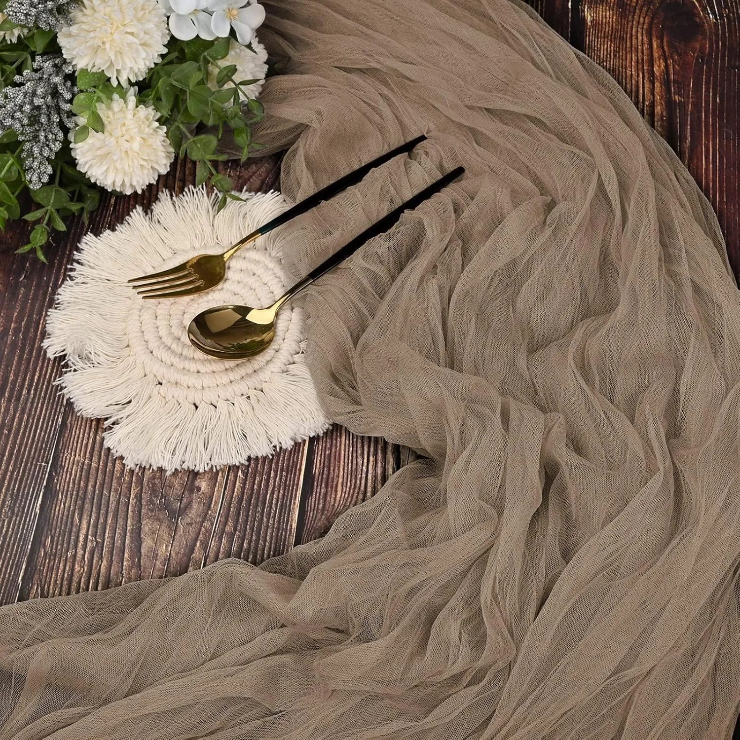 12Pack Coffee Cheesecloth Table Runner, Gauze Fabric Boho Table Runner 29"x120"Cheesecloth Table Runner,Gauze Semi-Sheer Table Runner for Wedding,Baby Shower Birthday Party Decor(Coffee)