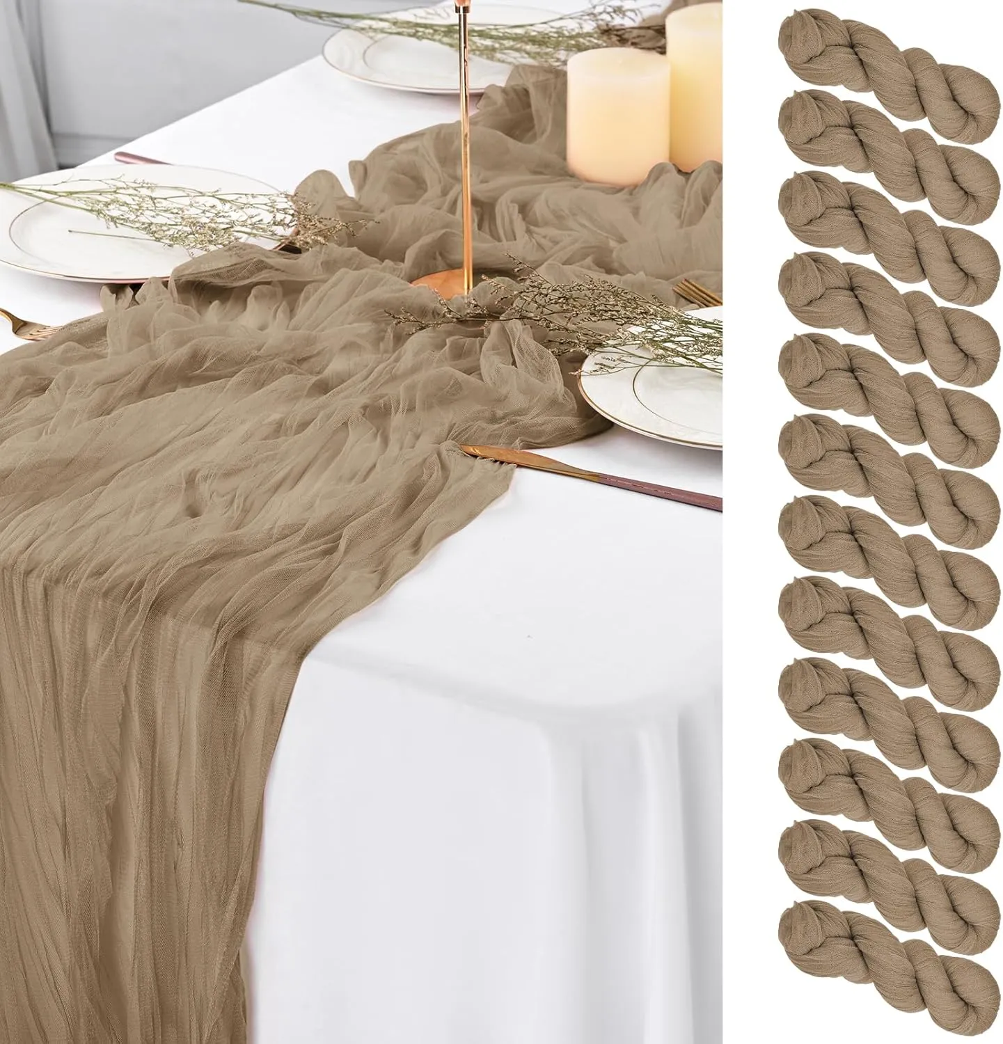 12Pack Coffee Cheesecloth Table Runner, Gauze Fabric Boho Table Runner 29"x120"Cheesecloth Table Runner,Gauze Semi-Sheer Table Runner for Wedding,Baby Shower Birthday Party Decor(Coffee)