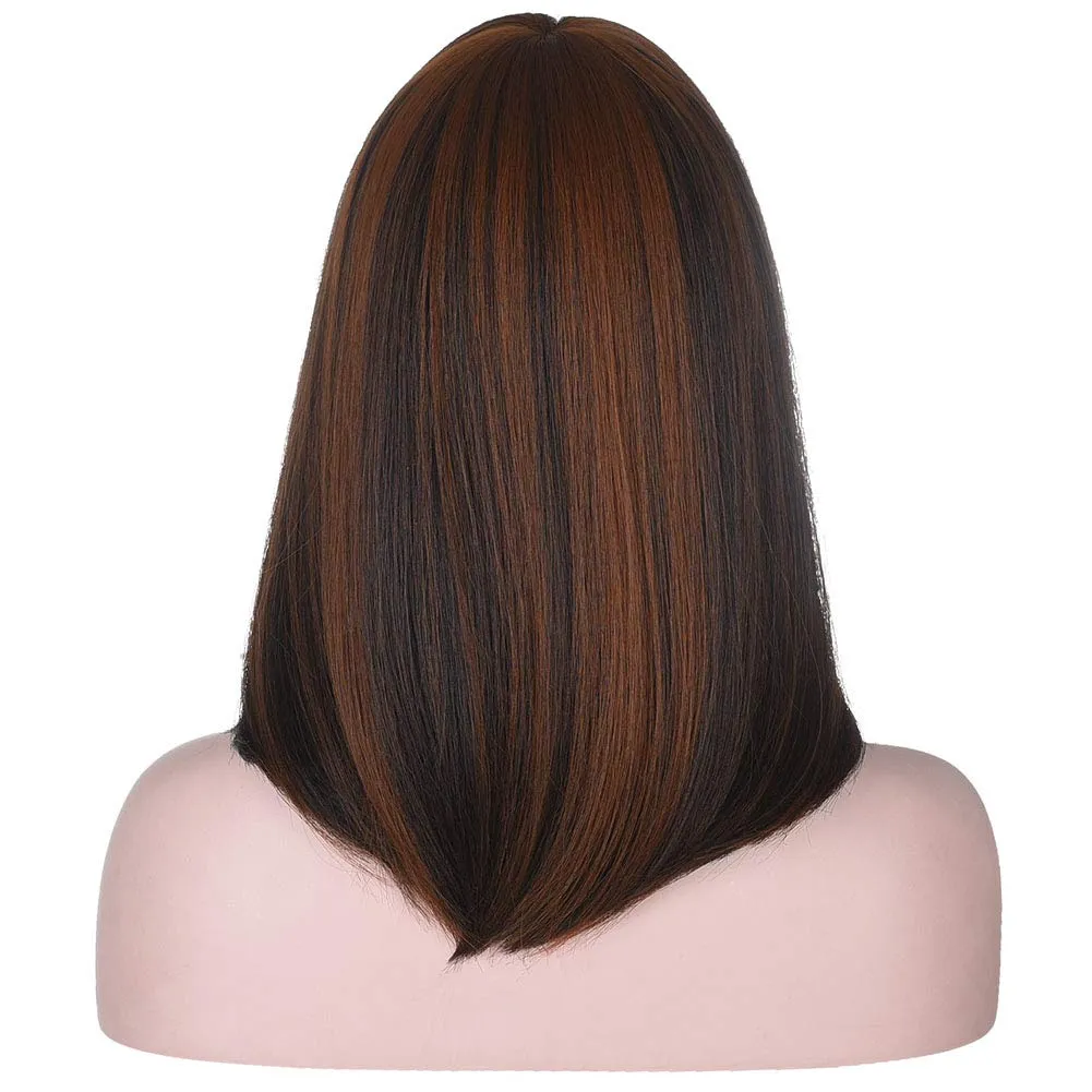 15 Inch Short Straight Brown Highlights Bob Wig with Bangs | Natural Heat Resistant Synthetic Hair for Women Daily Wear
