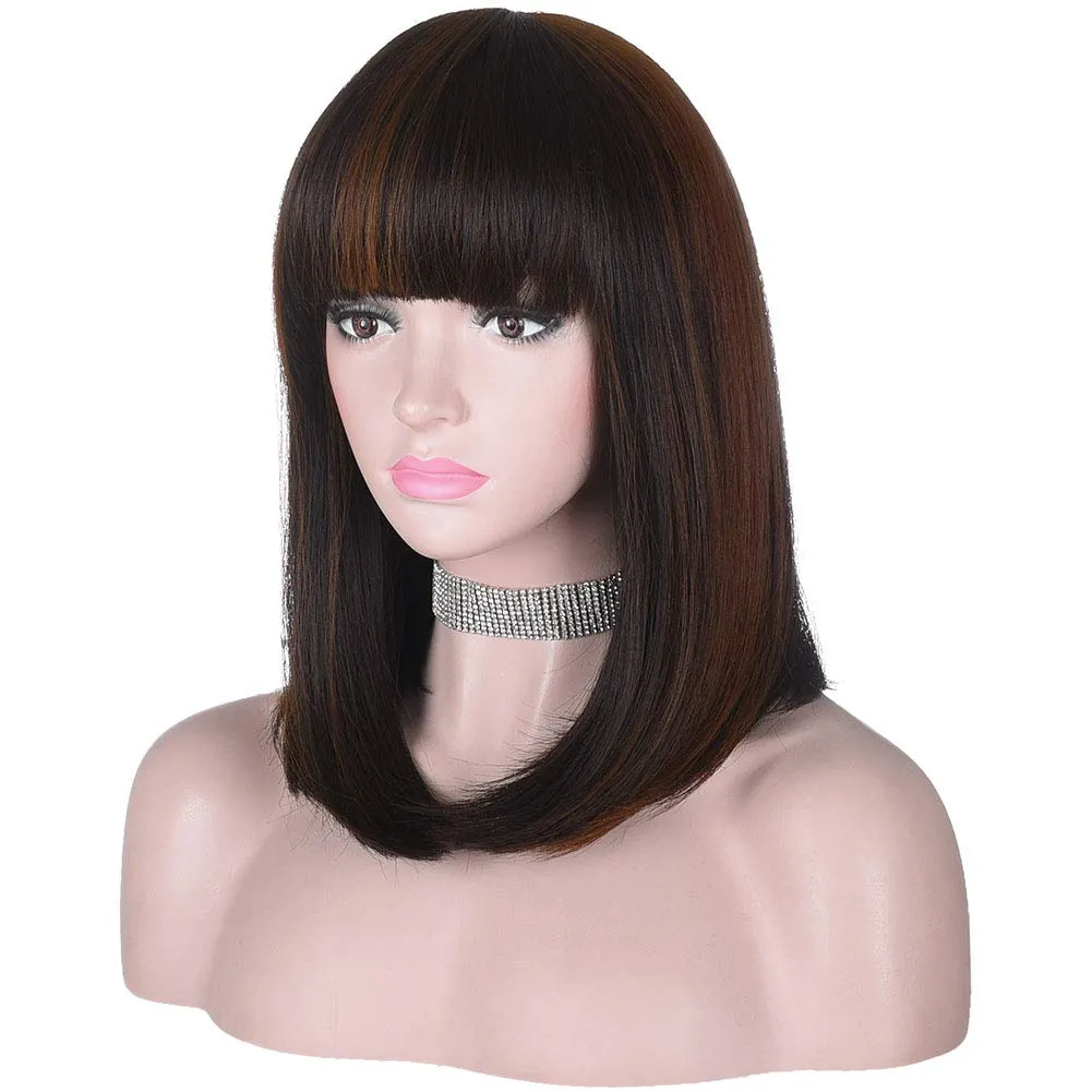 15 Inch Short Straight Brown Highlights Bob Wig with Bangs | Natural Heat Resistant Synthetic Hair for Women Daily Wear