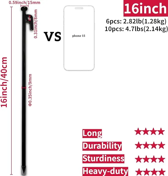 16inch 6 Packs Tent Stakes Heavy Duty Steel Large Tent Pegs for Camping Unbreakable Inflexible Extra Long Windproof