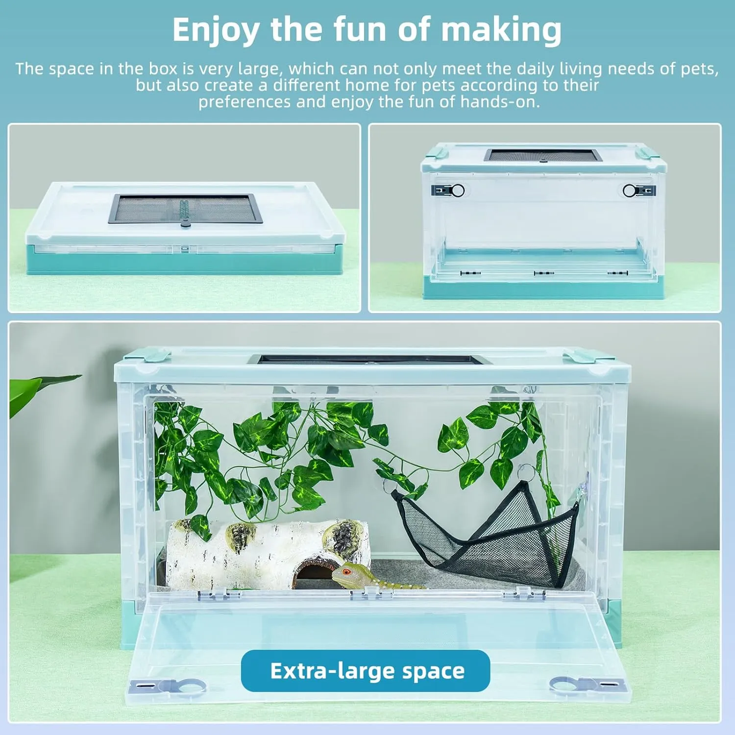 16" Foldable Reptile Terrariums Snake Tanks Enclosures for Bearded Dragons Iguanas Lizards Crested Geckos Clear Views Portability High-Temperature Resistant Iron Mesh (Blue, Small)