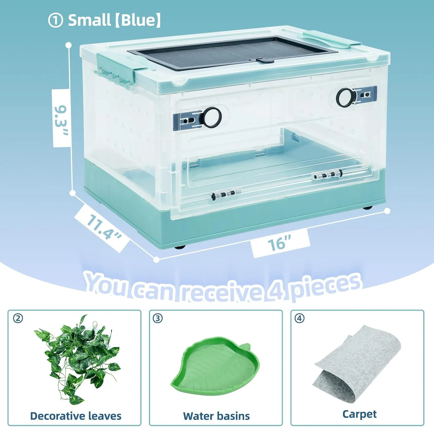 16" Foldable Reptile Terrariums Snake Tanks Enclosures for Bearded Dragons Iguanas Lizards Crested Geckos Clear Views Portability High-Temperature Resistant Iron Mesh (Blue, Small)