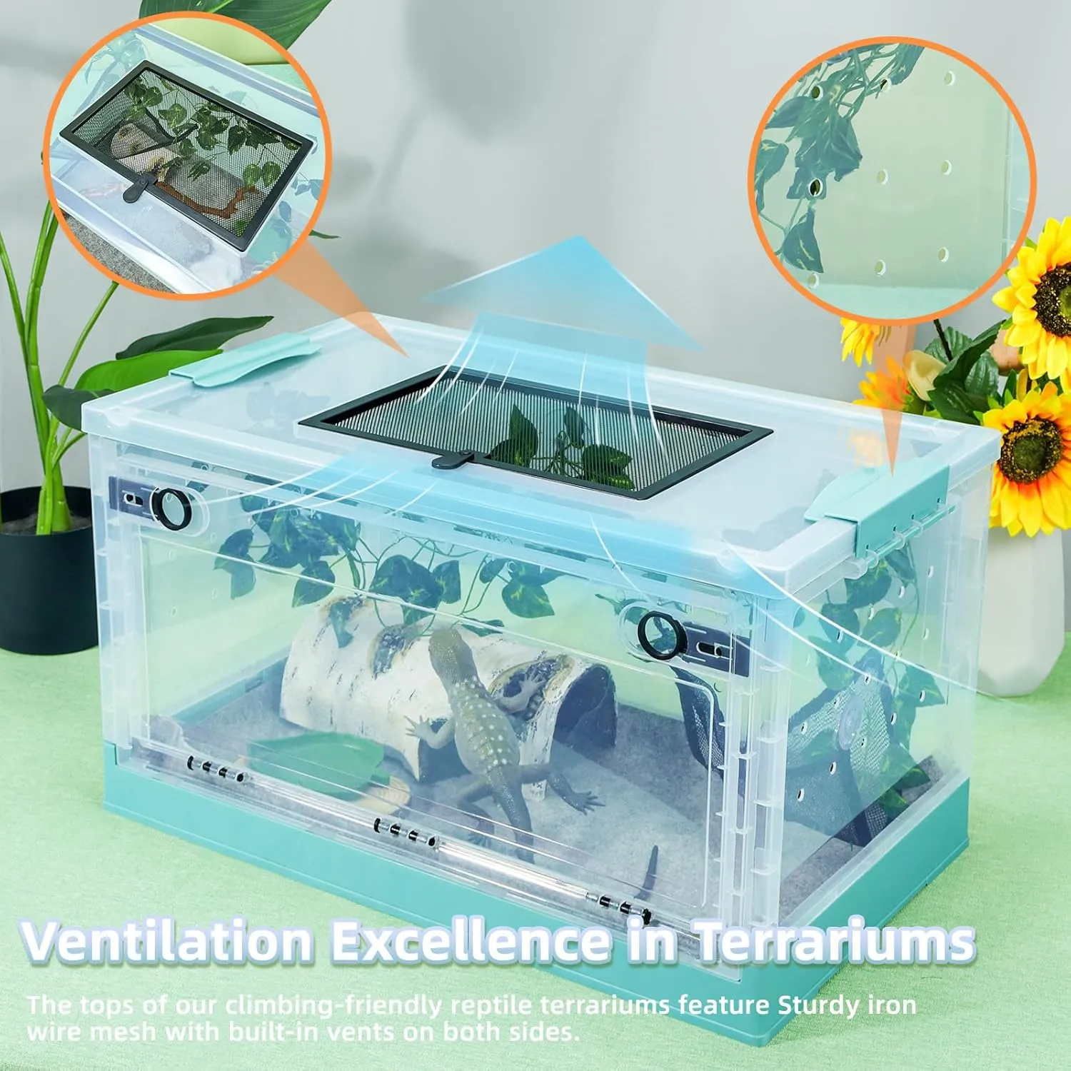 16" Foldable Reptile Terrariums Snake Tanks Enclosures for Bearded Dragons Iguanas Lizards Crested Geckos Clear Views Portability High-Temperature Resistant Iron Mesh (Blue, Small)
