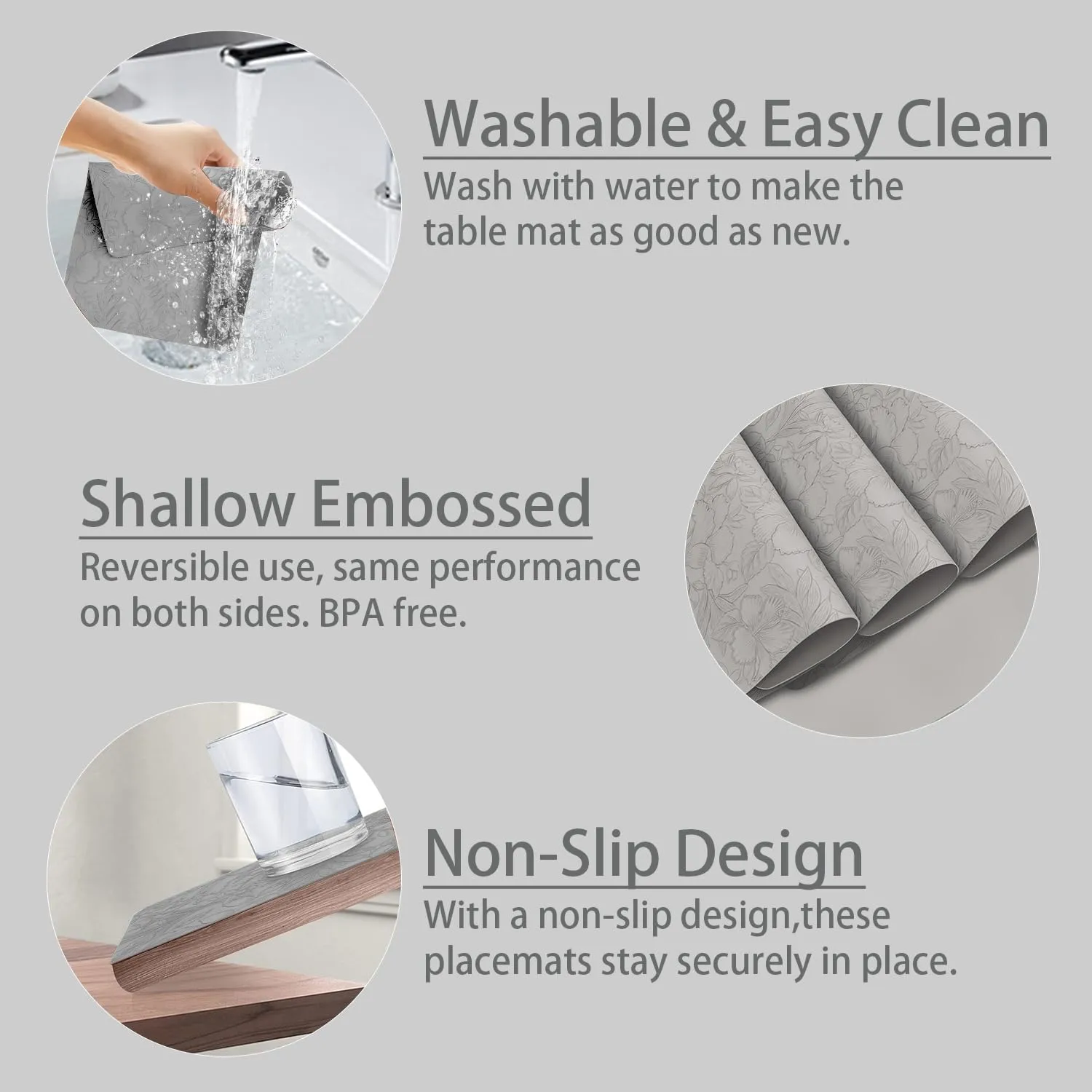 17" × 12" Faux Leather Placemats Set of 6, Light Gray, Easy Wash Clean, Wipeable & Anti-Slip Table Mats, Waterproof & Heat-Resistant Dining Place Mats, Stain-Resistant with Shallow Embossed Texture