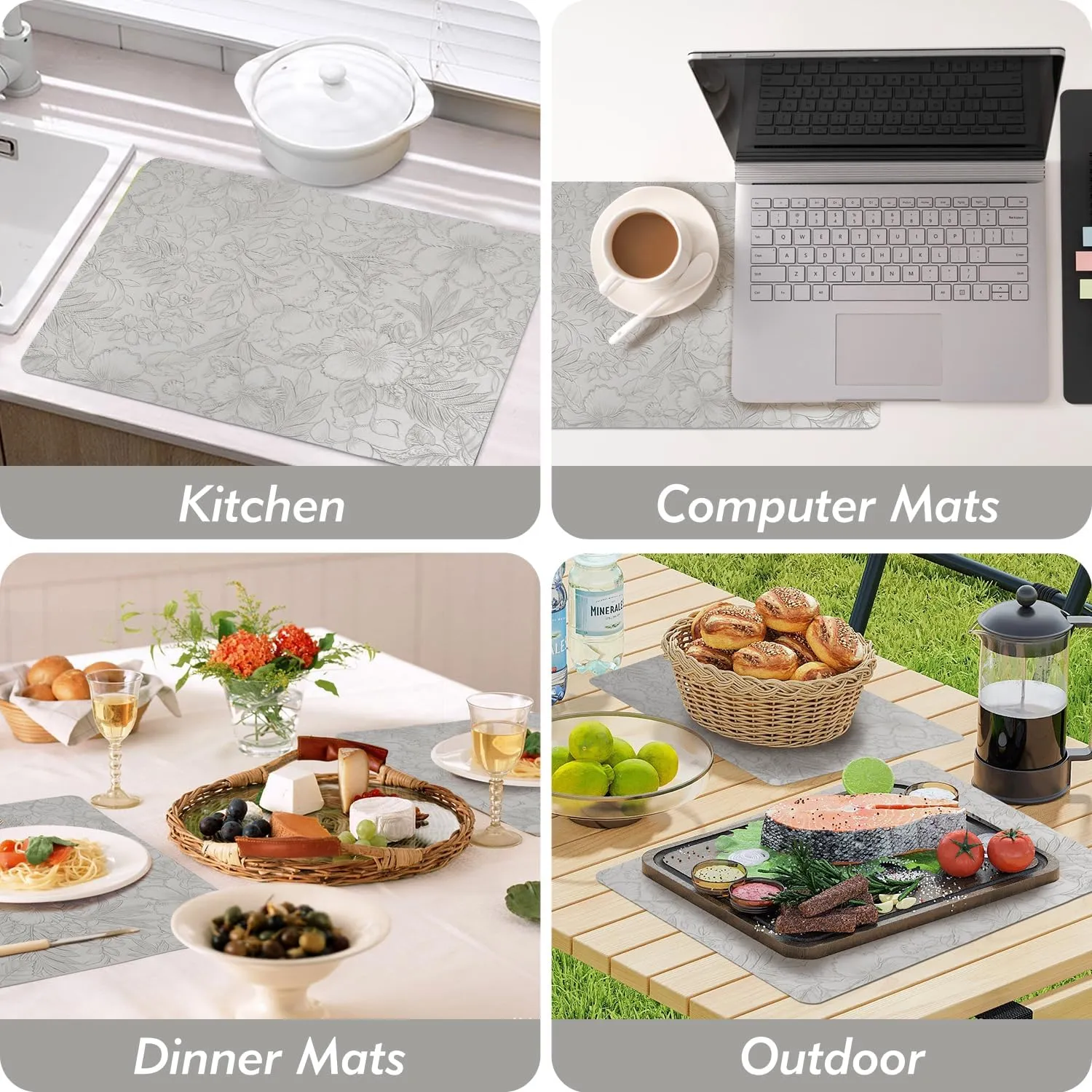 17" × 12" Faux Leather Placemats Set of 6, Light Gray, Easy Wash Clean, Wipeable & Anti-Slip Table Mats, Waterproof & Heat-Resistant Dining Place Mats, Stain-Resistant with Shallow Embossed Texture