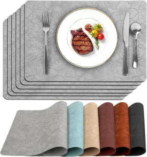 17" × 12" Faux Leather Placemats Set of 6, Light Gray, Easy Wash Clean, Wipeable & Anti-Slip Table Mats, Waterproof & Heat-Resistant Dining Place Mats, Stain-Resistant with Shallow Embossed Texture