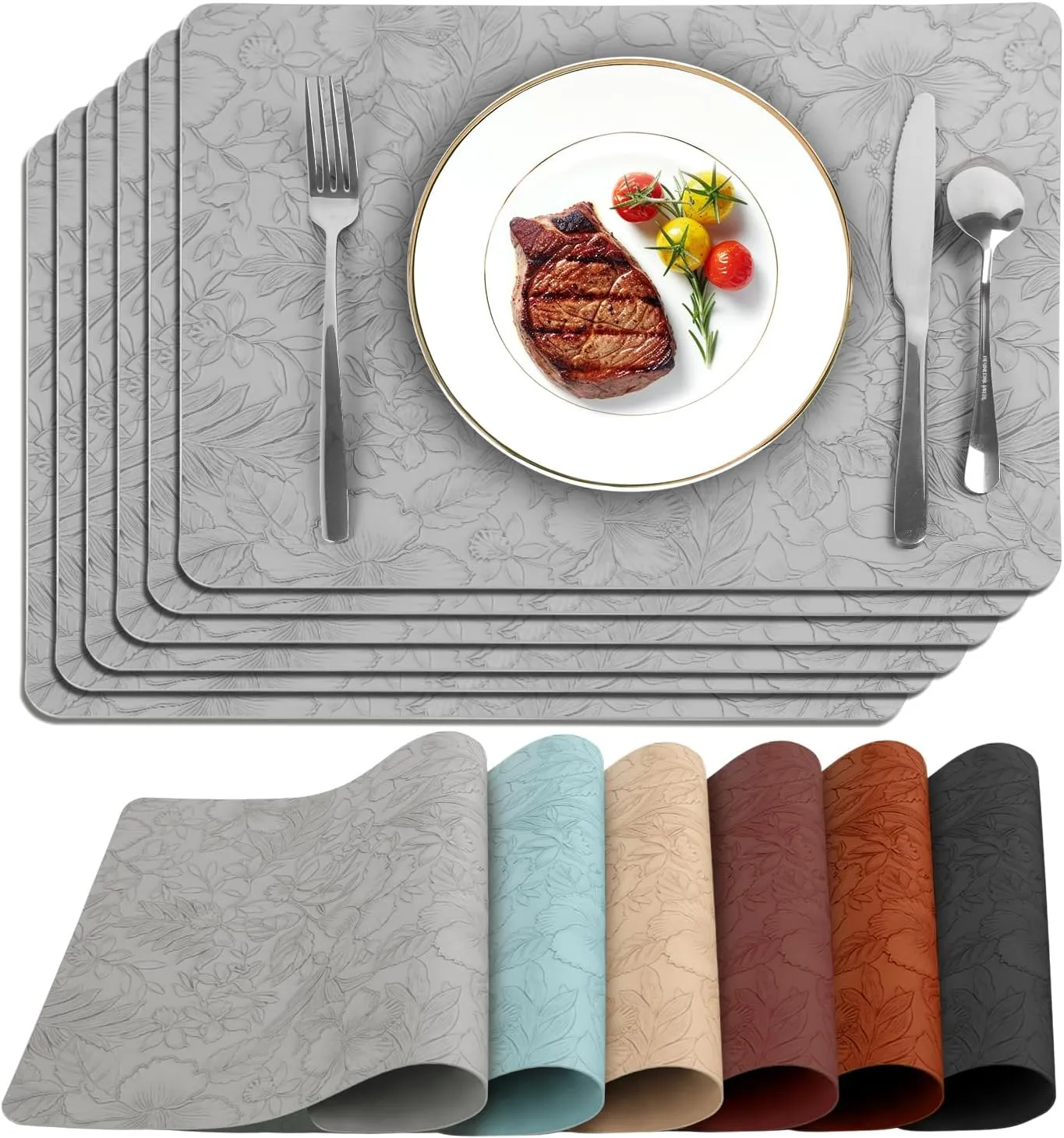 17" × 12" Faux Leather Placemats Set of 6, Light Gray, Easy Wash Clean, Wipeable & Anti-Slip Table Mats, Waterproof & Heat-Resistant Dining Place Mats, Stain-Resistant with Shallow Embossed Texture
