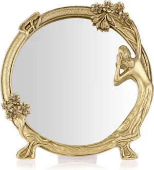 2 in 1 Antique Gold Resin Frame Decorative Tabletop Dressing Mirror with Stand - Vintage Beauty Frame Small Oval Cosmetic Mirror for Wall Decor
