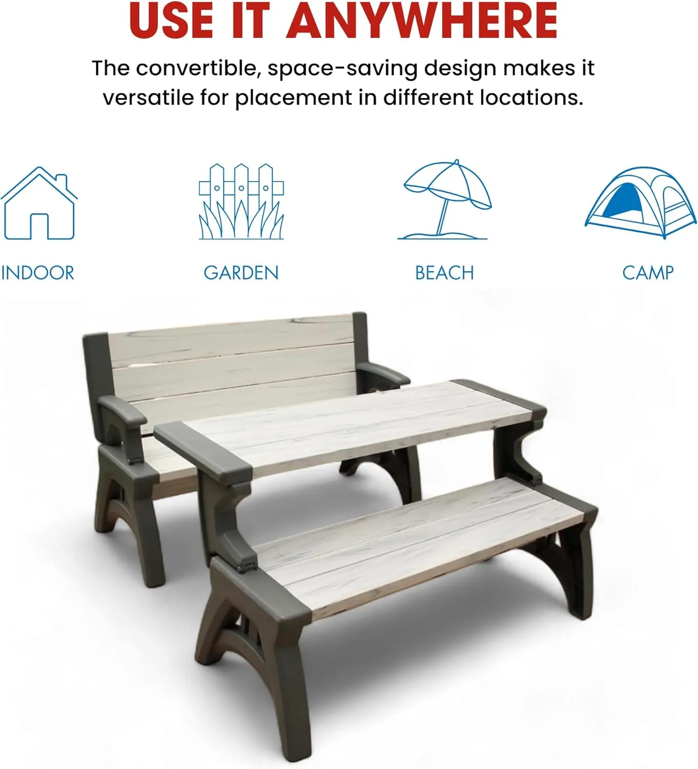 2-in-1 Outdoor Bench & Picnic Table - Foldable, Weather-Resistant Seating - Perfect for Patio, Lawn, Garden, or Deck - Durable Construction, Easy Assembly - Mocha Driftwood