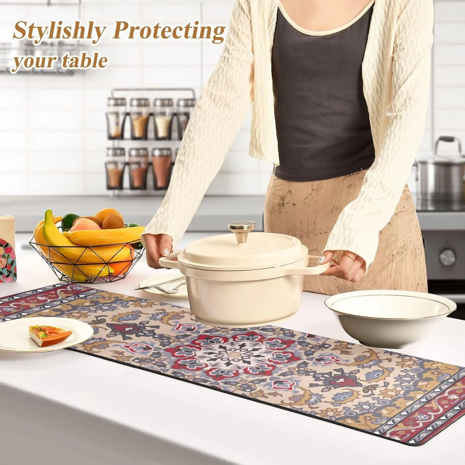 2 in 1 Table Runner Trivet for Hot Pots and Pans Heat Resistant Non Slip Waterproof 39 x 12 Inch Decorative Table Protector for Kitchen Countertop Boho Retro