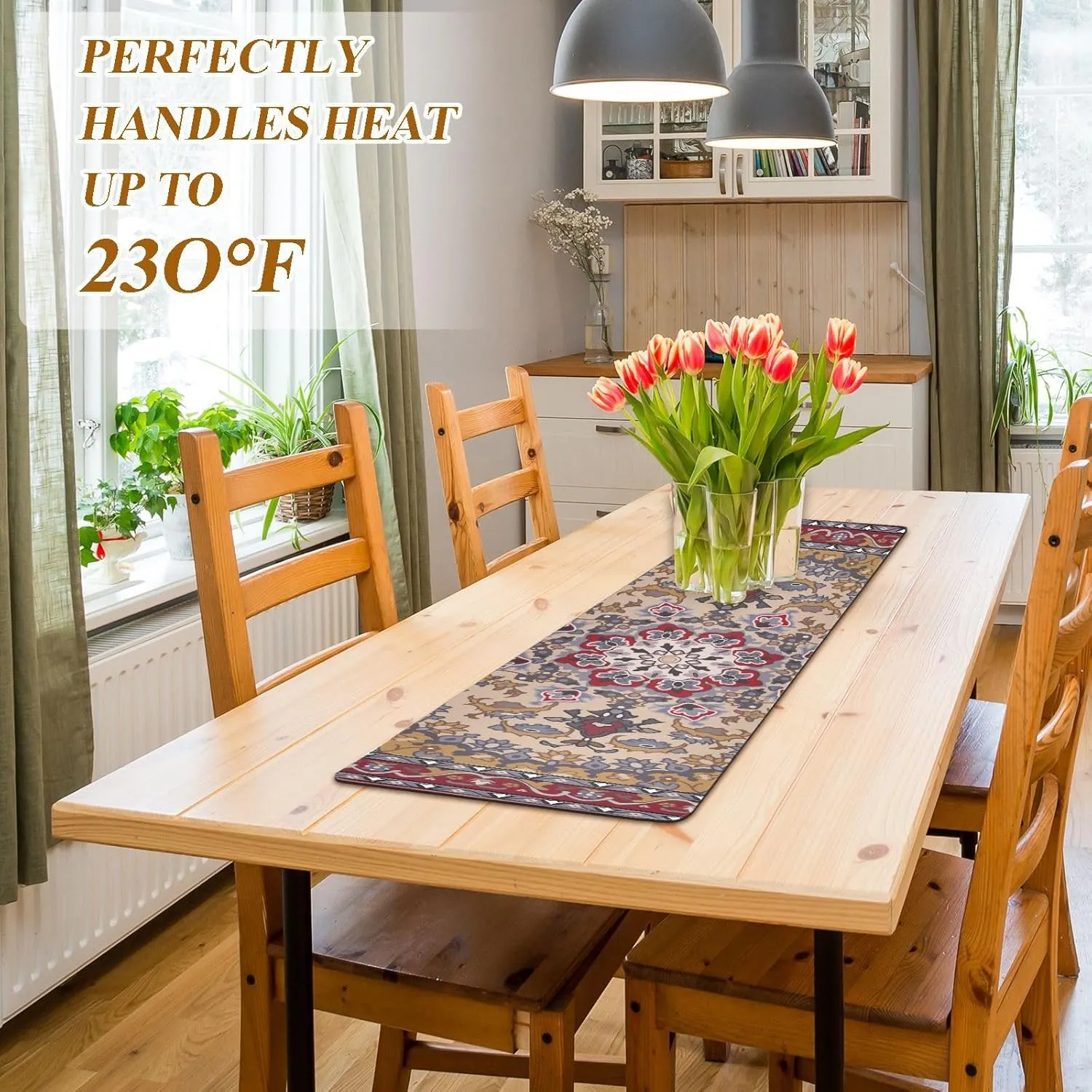 2 in 1 Table Runner Trivet for Hot Pots and Pans Heat Resistant Non Slip Waterproof 39 x 12 Inch Decorative Table Protector for Kitchen Countertop Boho Retro