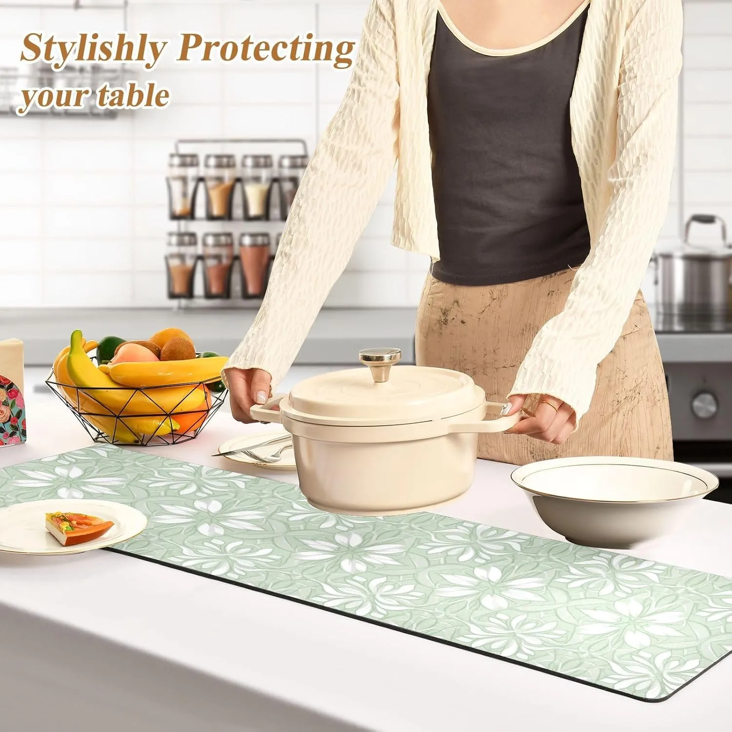 2 in 1 Table Runner Trivet for Hot Pots and Pans Heat Resistant Non Slip Waterproof 39 x 12 Inch Decorative Table Protector for Kitchen Countertop Floral Green