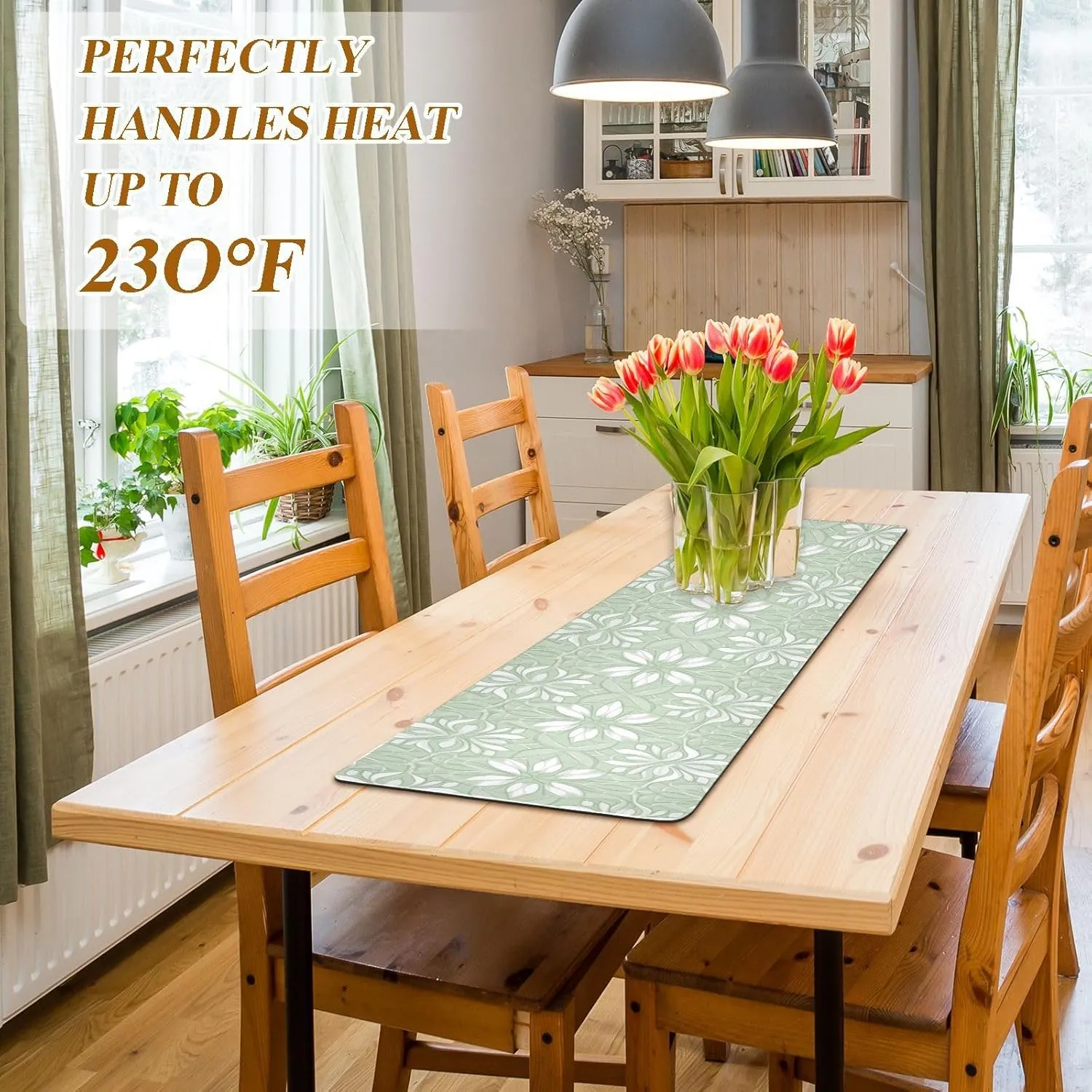 2 in 1 Table Runner Trivet for Hot Pots and Pans Heat Resistant Non Slip Waterproof 39 x 12 Inch Decorative Table Protector for Kitchen Countertop Floral Green