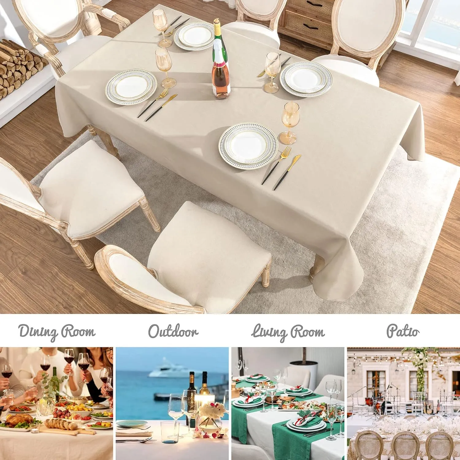 2 Pack Rectangle Tablecloth, 60x84 inch, Water Resistant Wrinkle Free Linen Textured Table Cloth Washable, Decorative Fabric Table Cover for Dining, Party and Camping, Beige
