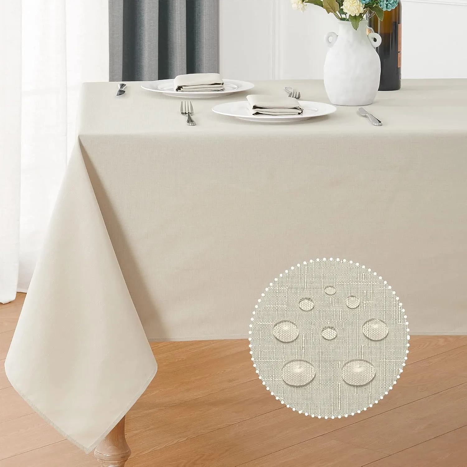 2 Pack Rectangle Tablecloth, 60x84 inch, Water Resistant Wrinkle Free Linen Textured Table Cloth Washable, Decorative Fabric Table Cover for Dining, Party and Camping, Beige
