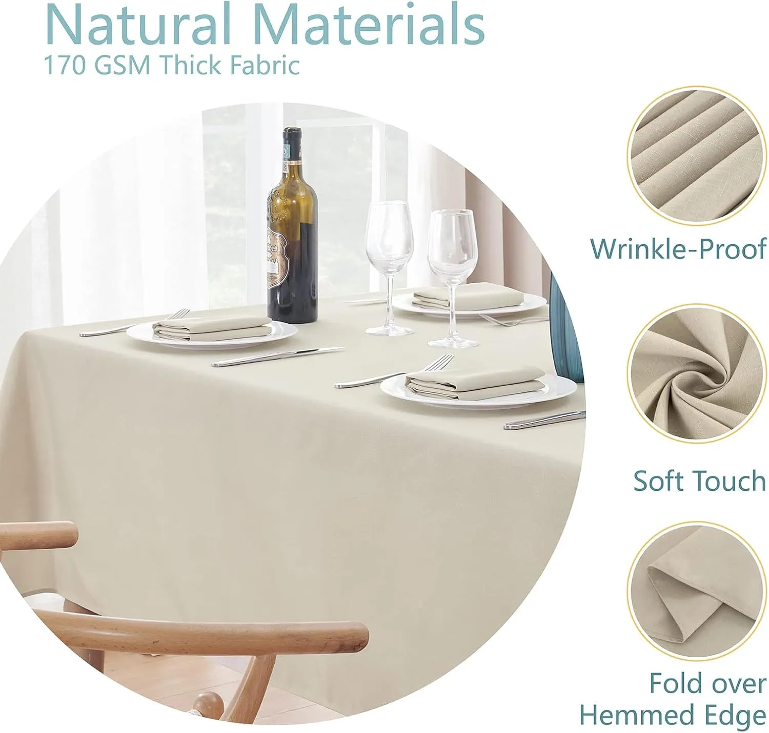 2 Pack Rectangle Tablecloth, 60x84 inch, Water Resistant Wrinkle Free Linen Textured Table Cloth Washable, Decorative Fabric Table Cover for Dining, Party and Camping, Beige