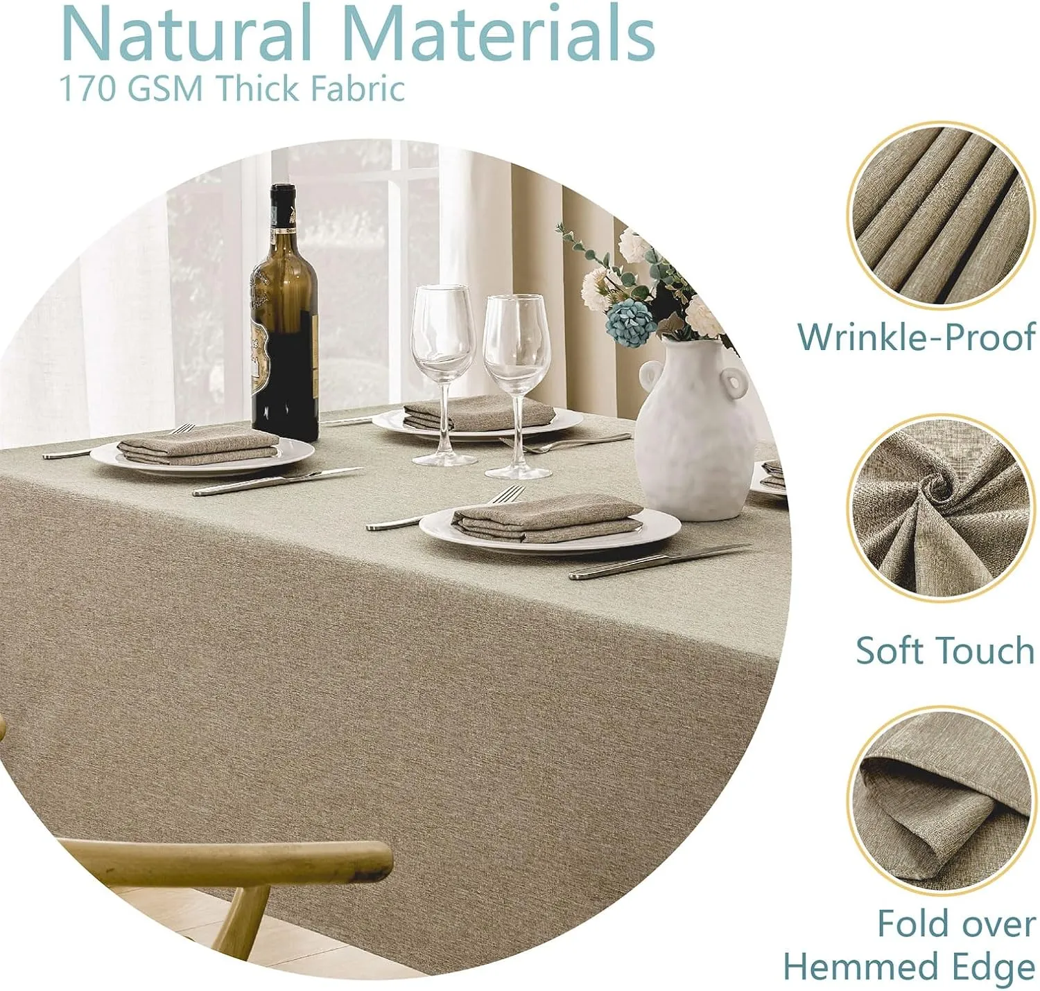 2 Pack Rectangle Tablecloth, 60x84 inch, Water Resistant Wrinkle Free Linen Textured Table Cloth Washable, Decorative Fabric Table Cover for Dining, Party and Camping, Mocha