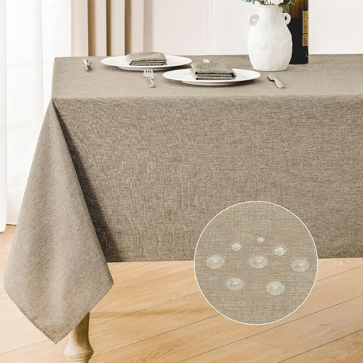 2 Pack Rectangle Tablecloth, 60x84 inch, Water Resistant Wrinkle Free Linen Textured Table Cloth Washable, Decorative Fabric Table Cover for Dining, Party and Camping, Mocha