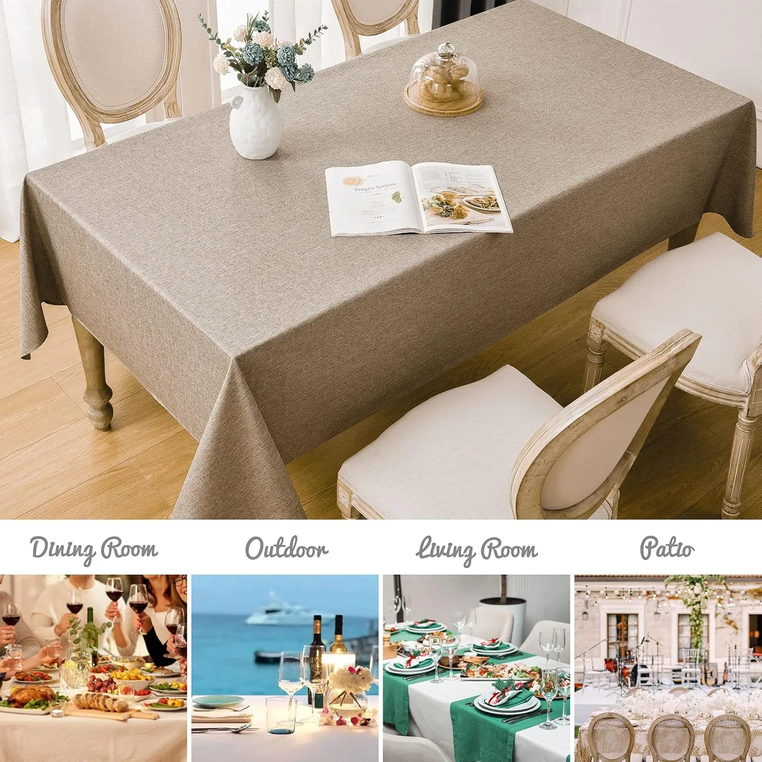 2 Pack Rectangle Tablecloth, 60x84 inch, Water Resistant Wrinkle Free Linen Textured Table Cloth Washable, Decorative Fabric Table Cover for Dining, Party and Camping, Mocha
