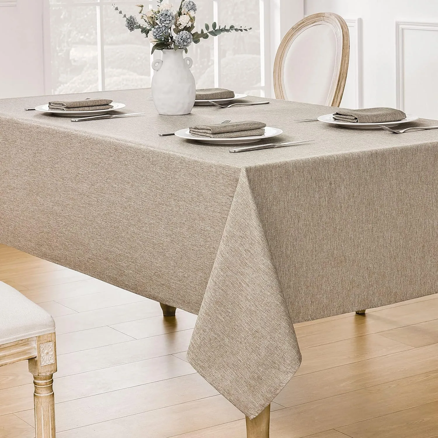 2 Pack Rectangle Tablecloth, 60x84 inch, Water Resistant Wrinkle Free Linen Textured Table Cloth Washable, Decorative Fabric Table Cover for Dining, Party and Camping, Mocha